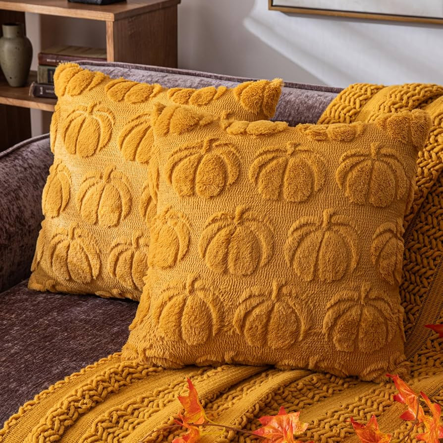 Pumpkin Fall Decorative Throw Pillow Covers 18"x18", Set of 2 Mustard Yellow Soft Faux Fur Pillow... | Amazon (US)