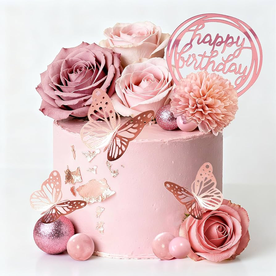 Flower Cake Toppers, Happy Birthday Rose Gold Cake Decorations with Artificial Flowers Butterfly ... | Amazon (US)