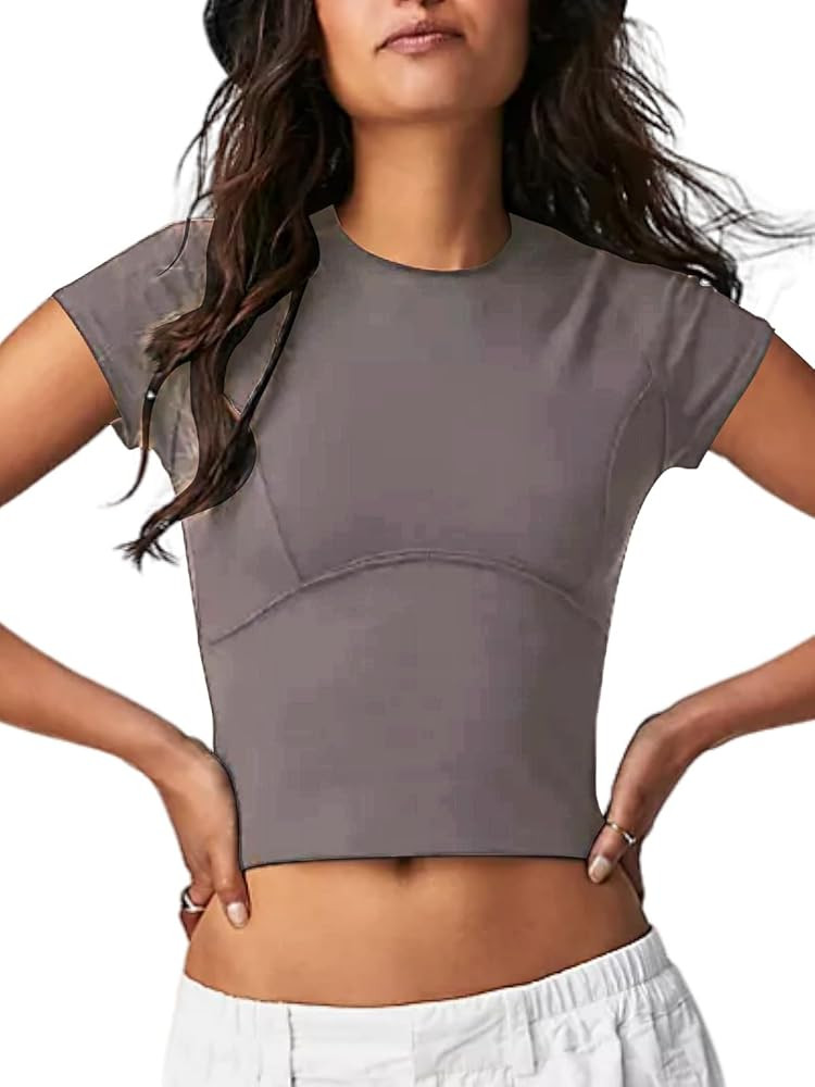 Women Short Sleeve Shirts Crewneck Slim Fitted Cute T Shirt Stretchy 2024 Summer Vintage Basic Te... | Amazon (US)