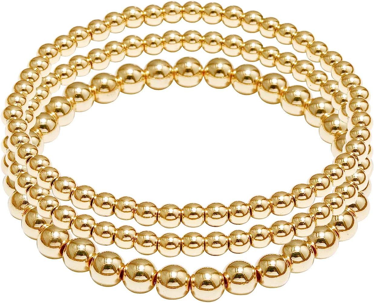Gold Hematite Ball Beaded Bracelets For Women 14K Gold Plated Stone 4/6mm Beaded Stretchable Elastic | Amazon (US)