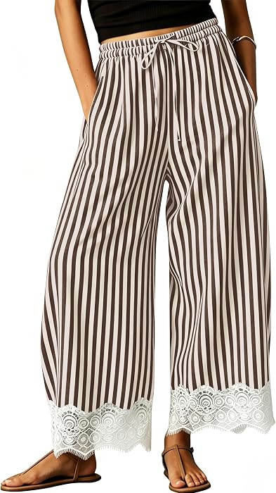 Lauweion Womens Striped Cropped Lace Trim Pants Wide Leg Lounge Bottom     Cropped Lace Hem Pants... | Amazon (US)