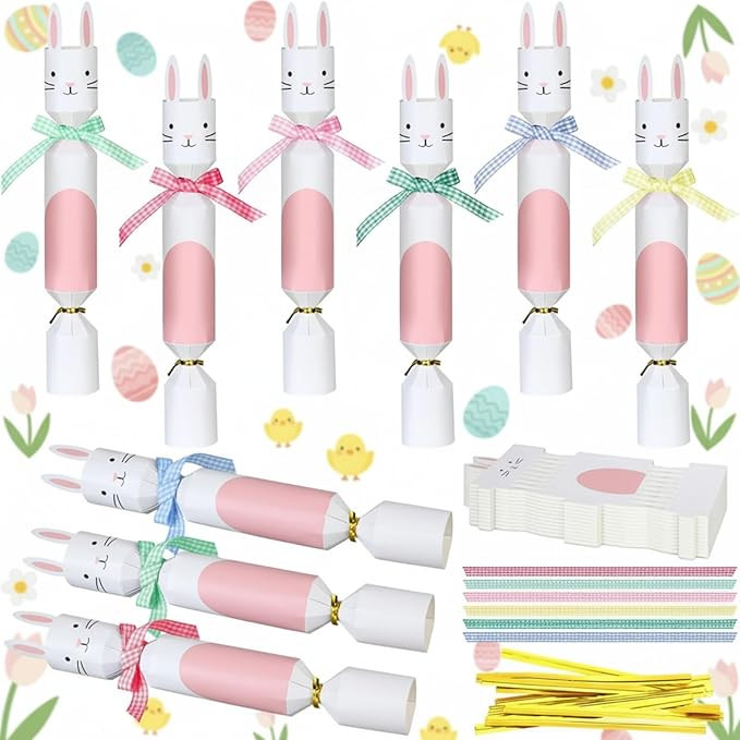Clabby 12 Pcs Easter Bunny Crackers with Gingham Ribbons Paper Non Snap Bunny Bags Pastel Easter ... | Amazon (US)