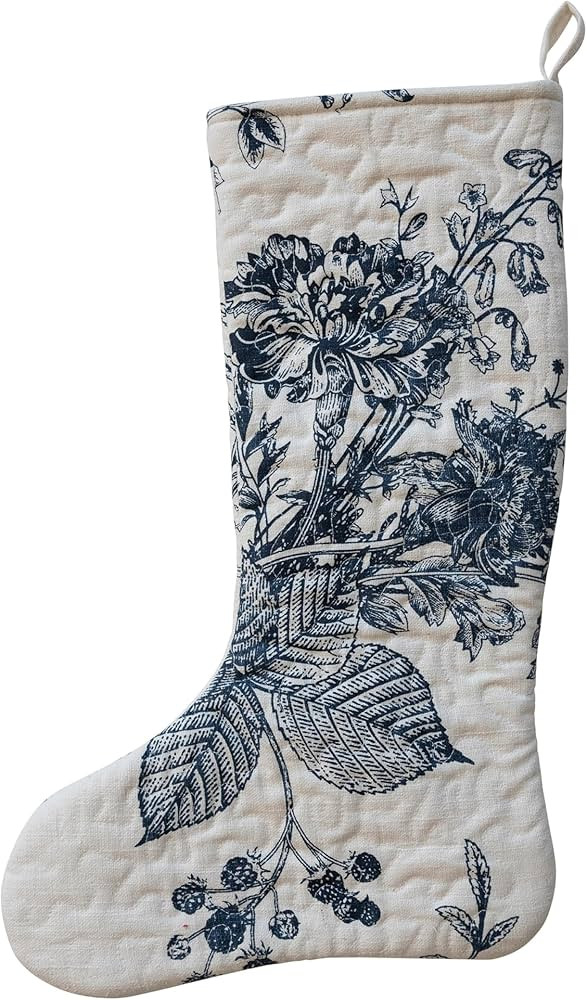 Creative Co-Op, White and Blue Quilted Cotton Stocking with Botanical Print | Amazon (US)