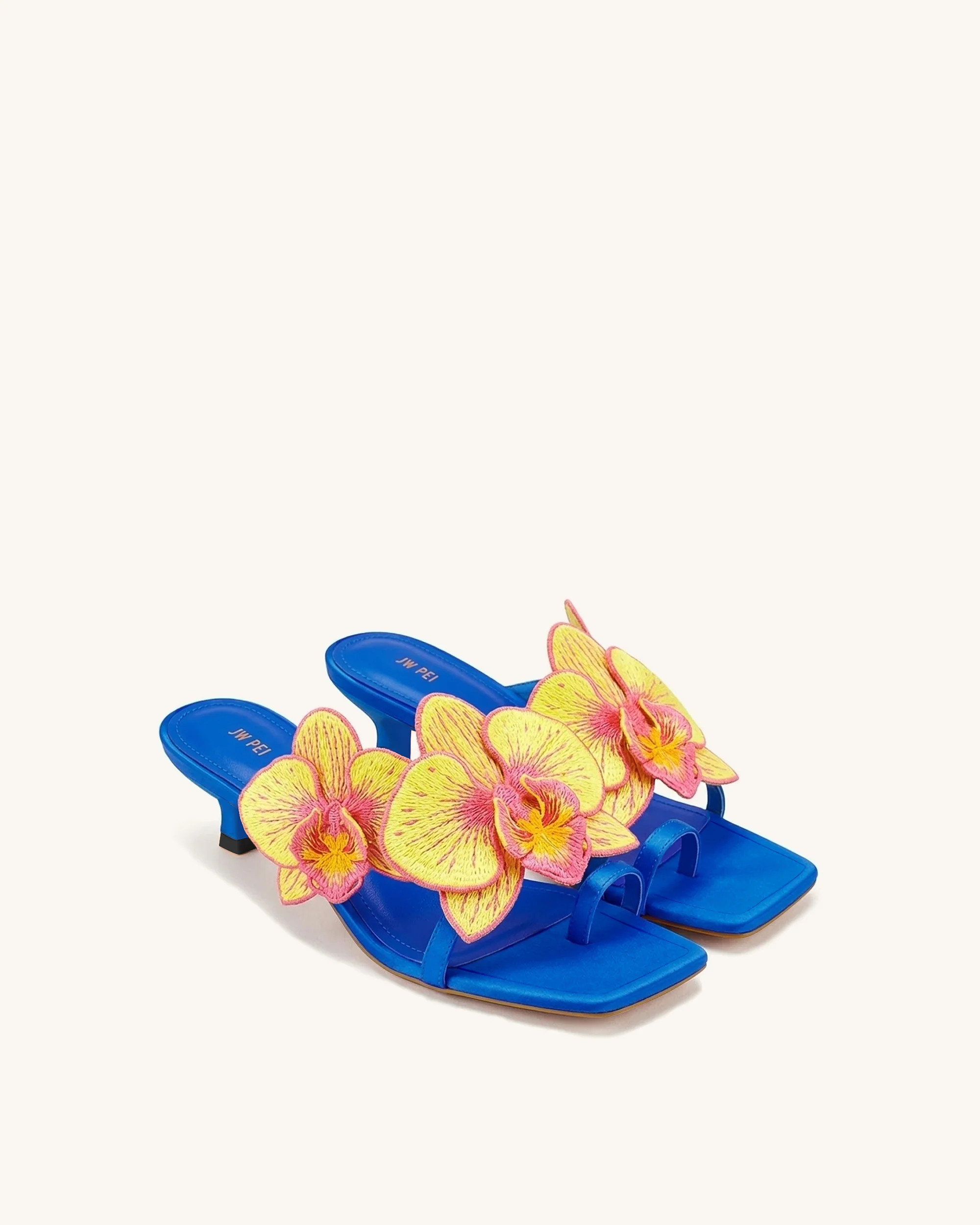 Serena Orchid Embroidered Toe Ring Heeled Sandals - Royal Blue | JW PEI US