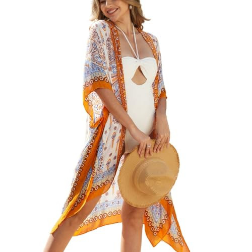 Kimonos for Women Casual Swimsuit Coverup Lightweight Boho Kimono Cardigans for Summer（Beige Yellow Paisley） | Amazon (US)