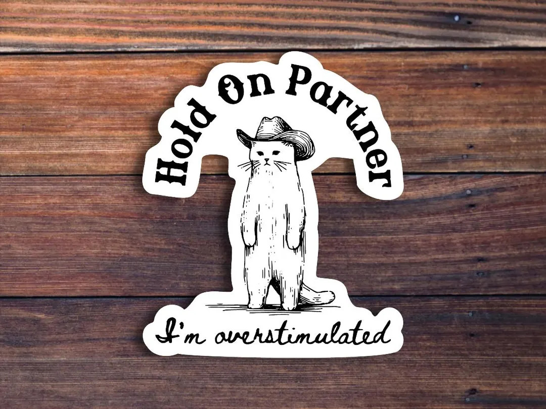 Hold On Partner I'm Overstimulated Sticker, Funny Cowboy Cat Sticker, Western Cat, Sarcastic Coun... | Etsy (US)