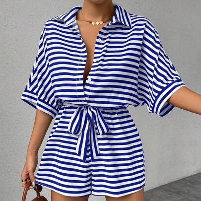 Women's Casual Striped Batwing Sleeve Jumpsuit For Summer | SHEIN