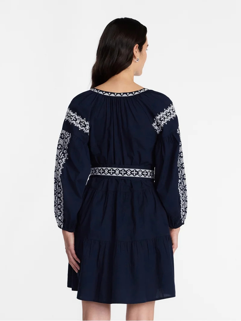 Time and Tru Women's Embroidered Cotton Mini Dress with Long Blouson Sleeves, Sizes XS-XXXL | Walmart (US)