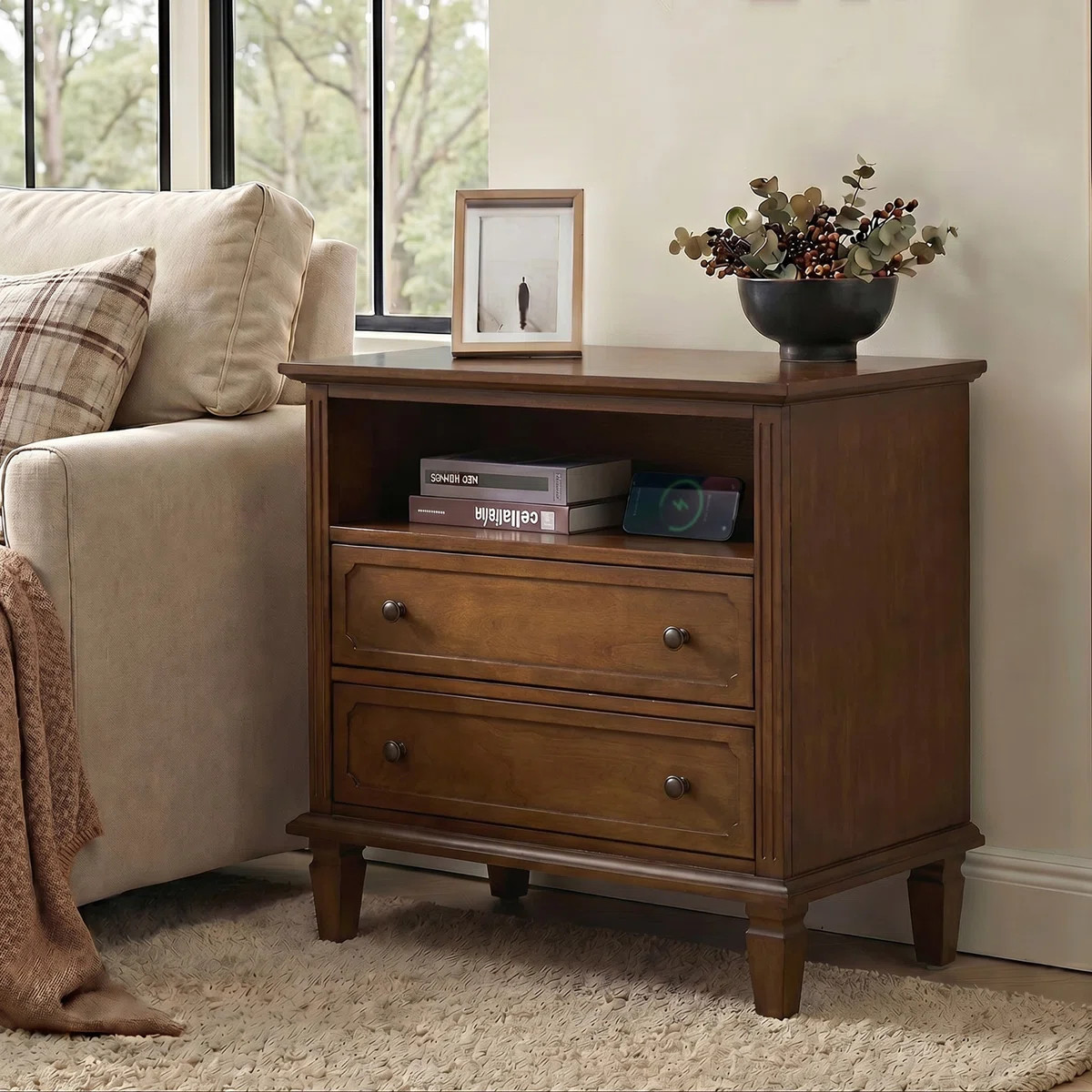 Amberlyn 28.2" W Traditional 2-Drawer End Table with Charging Station and Solid Wood Legs and Ope... | Wayfair North America