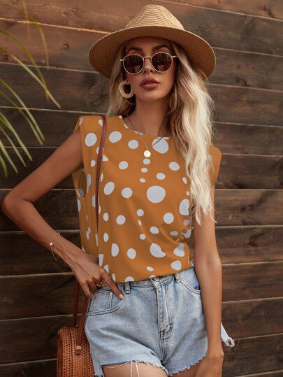 Keyhole Back Shoulder Pad Polka Dot Top | SHEIN