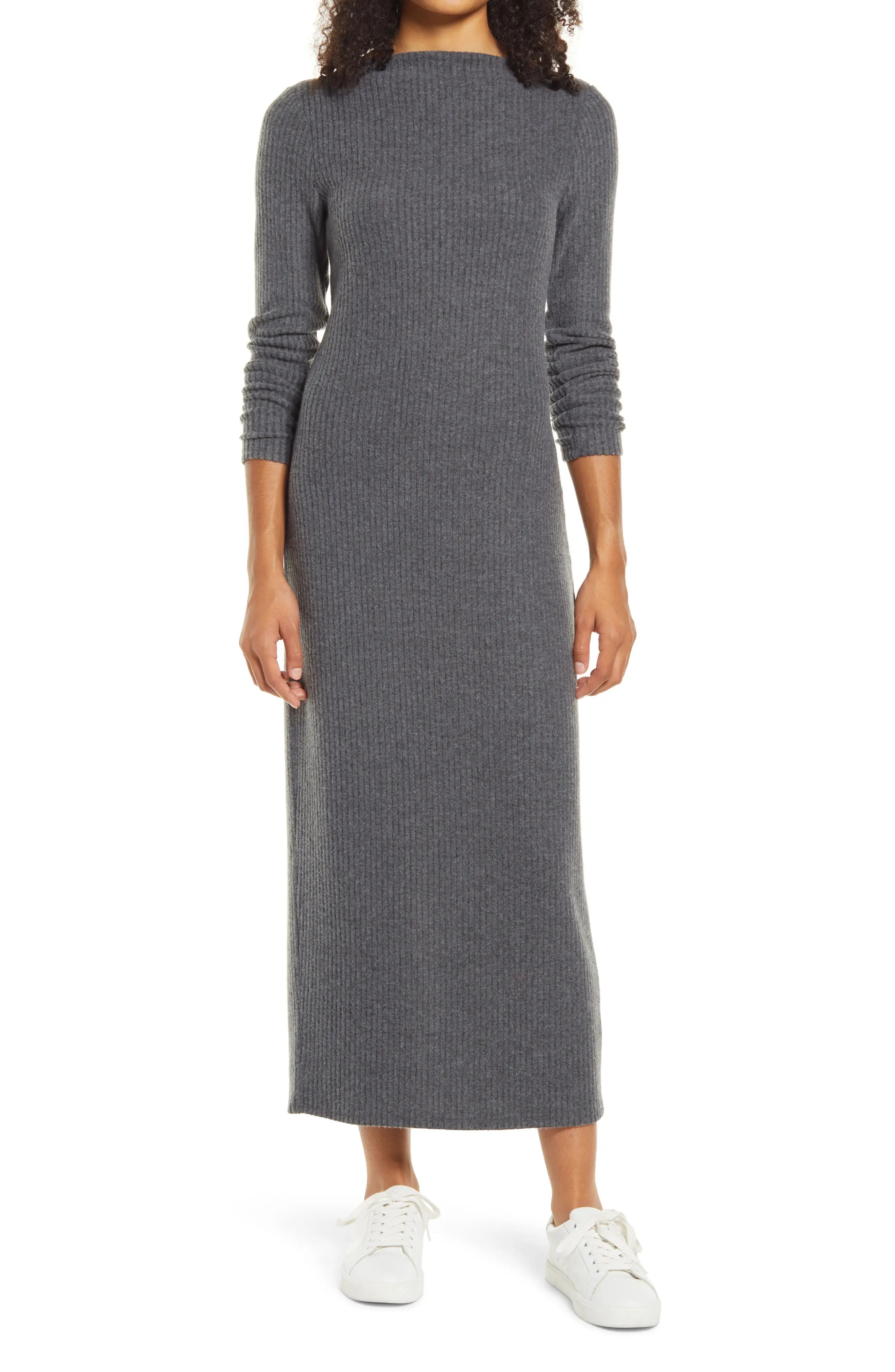 Caslon(R) So Soft Ribbed Long Sleeve Midi Sweater Dress, Size Medium in Grey Dark Charcoal Heather a | Nordstrom
