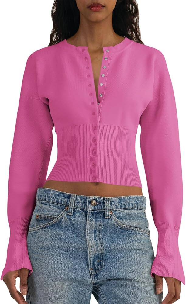 Saodimallsu Womens Cropped Sweaters Button Down Long Sleeve V Neck Ribbed Knit Slim Fit Pullover ... | Amazon (US)
