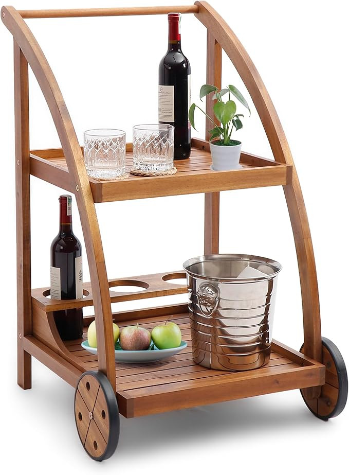 Acacia Wood Bar Cart - Rolling Kitchen, Coffee & Drink Cart with 3 Cup Holders, Waterproof Wooden... | Amazon (US)