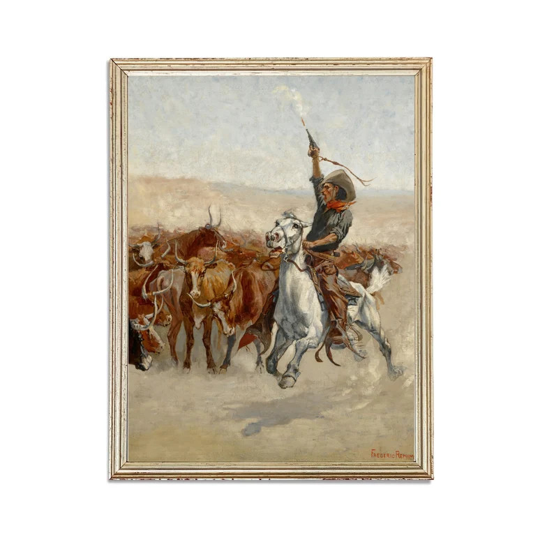 Vintage Cowboy Old West Painting  Antique Bulls Horse Rider | Etsy | Etsy (US)