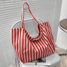 Chic Retro Striped Canvas Tote Bag Literary Large Capacity SpaciousVersatile Ideal For Work School Or Dayout School Bag Canvas Bag Beach Bag | SHEIN
