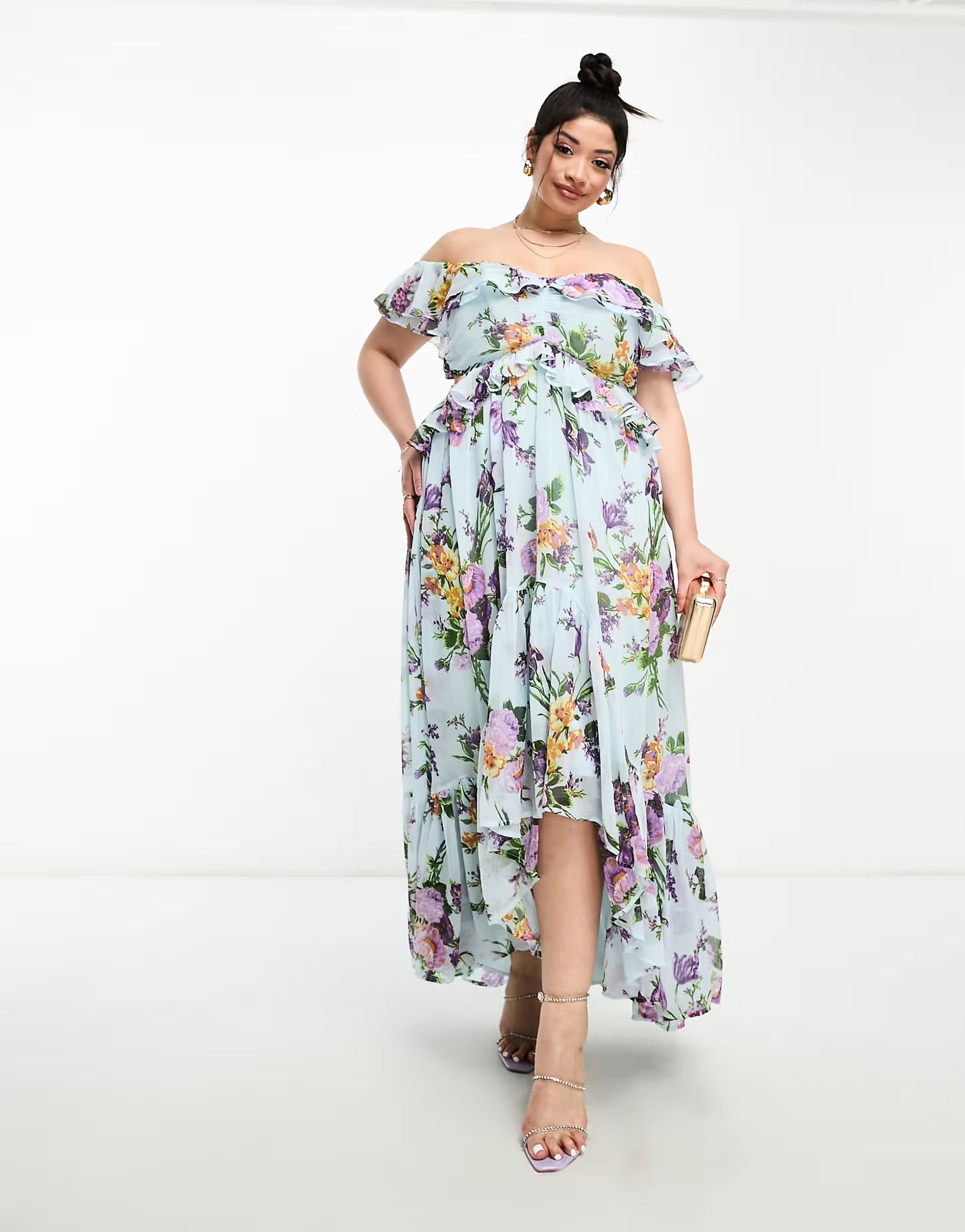 ASOS DESIGN Curve ruffle cut out off the shoulder maxi dress with hi low hem in blue floral print | ASOS (Global)