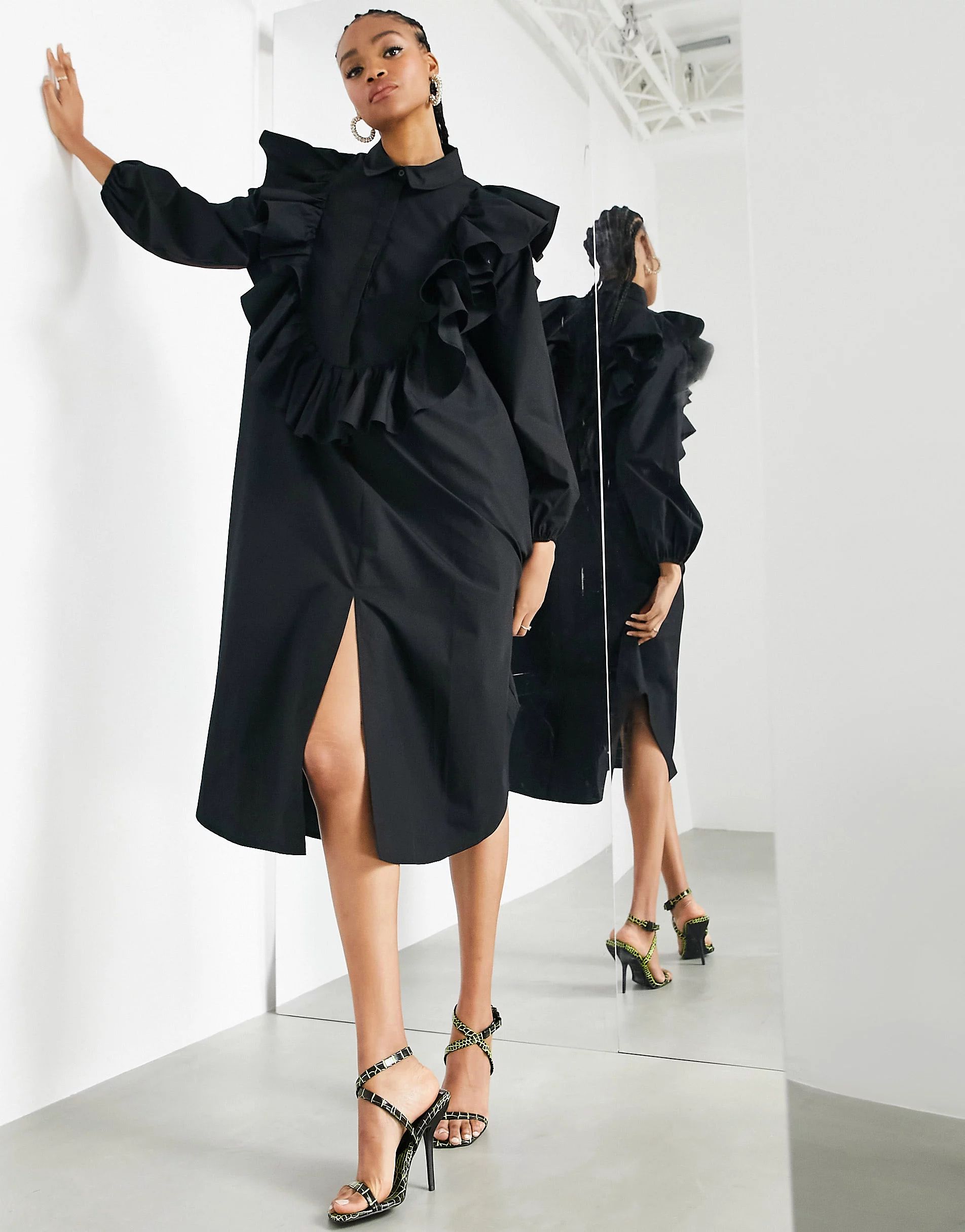 ASOS EDITION oversized shirt dress with ruffle detail in black | ASOS (Global)