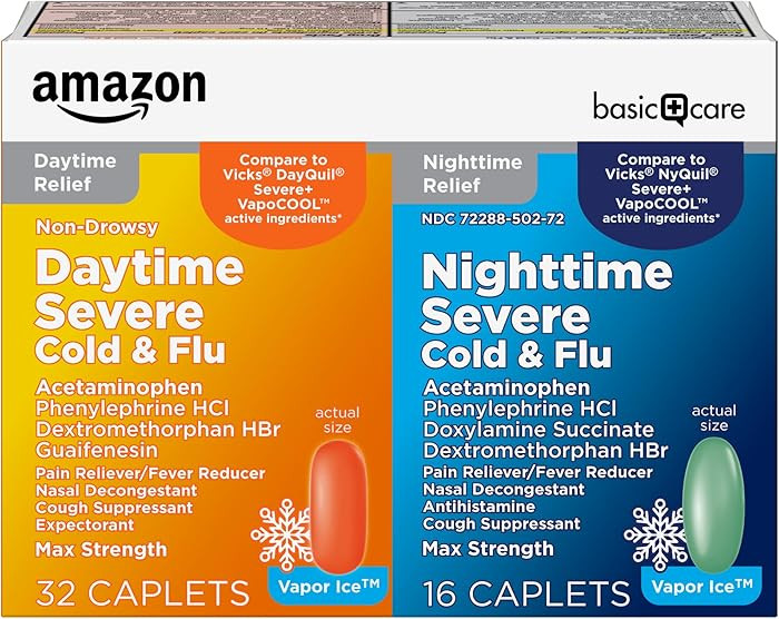 Amazon Basic Care Vapor Ice Day and Night Severe Cold and Flu Relief Caplets, Maximum Strength Mu... | Amazon (US)