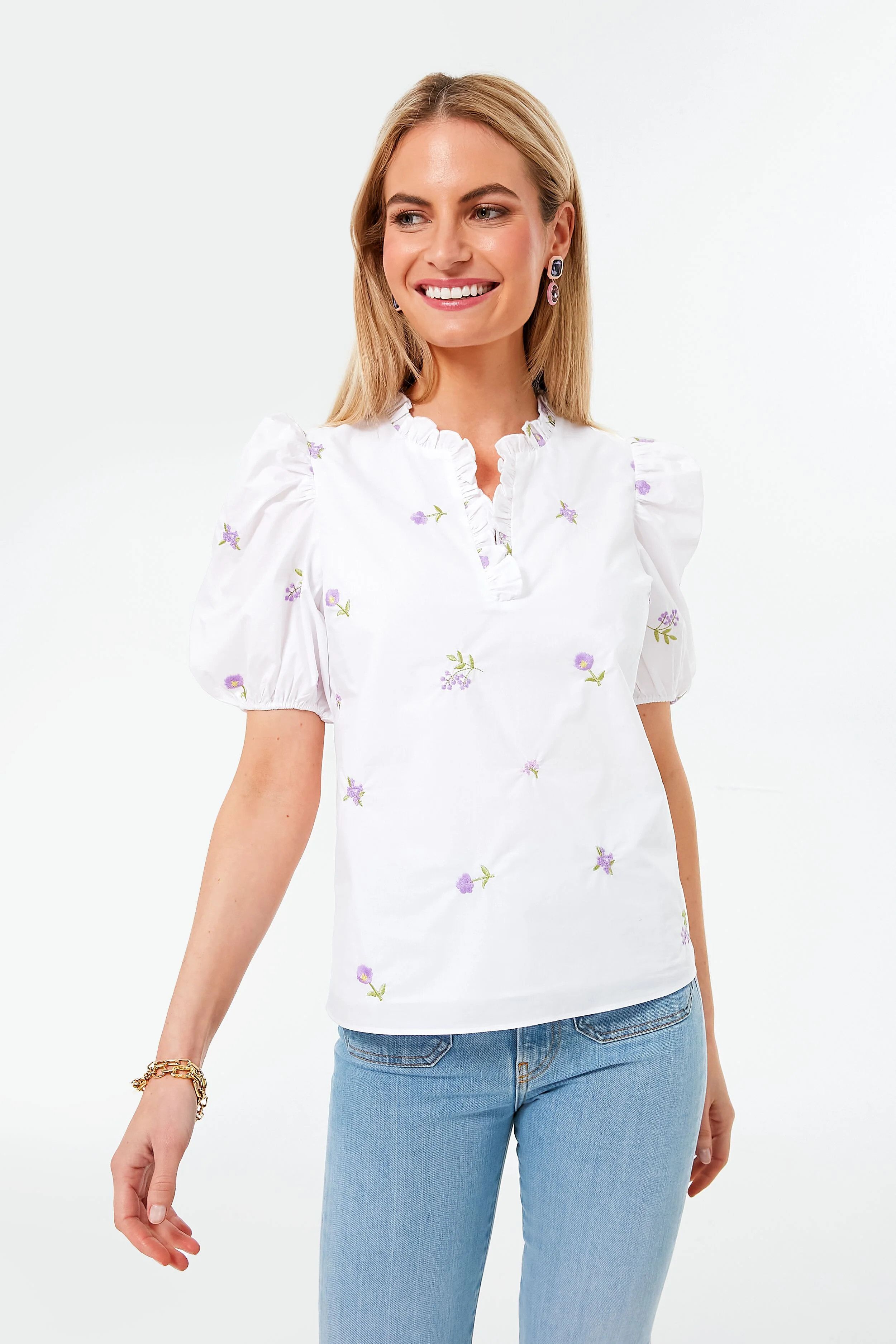 White and Purple Floral Embroidered Sara Blouse | Tuckernuck (US)