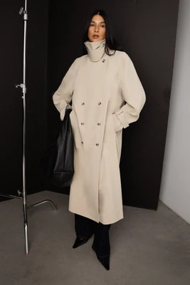 OVERSIZED TRENCH COAT WITH FUNNEL NECK Beige / Large | OAK + FORT