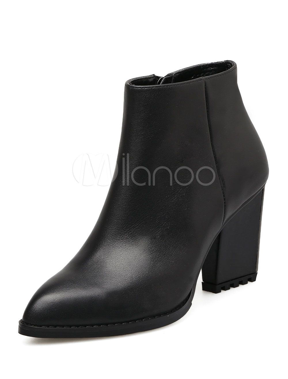 Women's Black Booties Pointed Toe Chunky Heel Zipper Ankle Boots | Milanoo