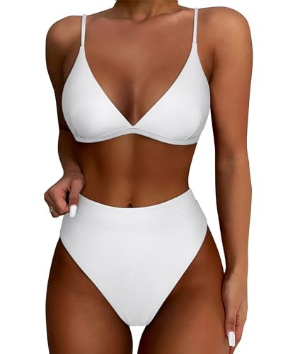 SUUKSESS Women High Waisted High Cut Bikini Sets Sexy Triangle Two Piece Swimsuits Push Up Bathing Suits (White, L) | Amazon (US)