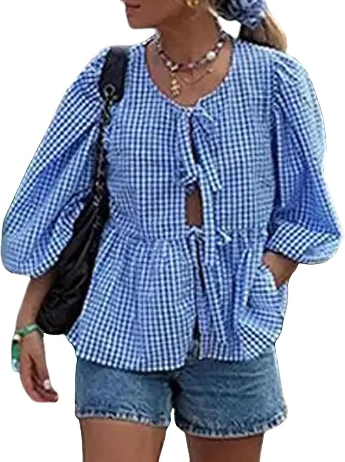 Tie Front Tops for Women Leopard Print Peplum Babydoll Top 3/4 Length Puff Sleeve Coquette Tops C... | Amazon (US)