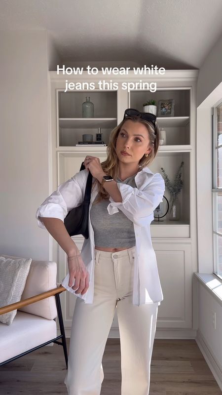 Spring white jeans outfits series! Wearing a 26 in jeans, tee shirt in M, button up in M, and sandals tts or size up.

#LTKVideo #LTKstyletip #LTKSeasonal