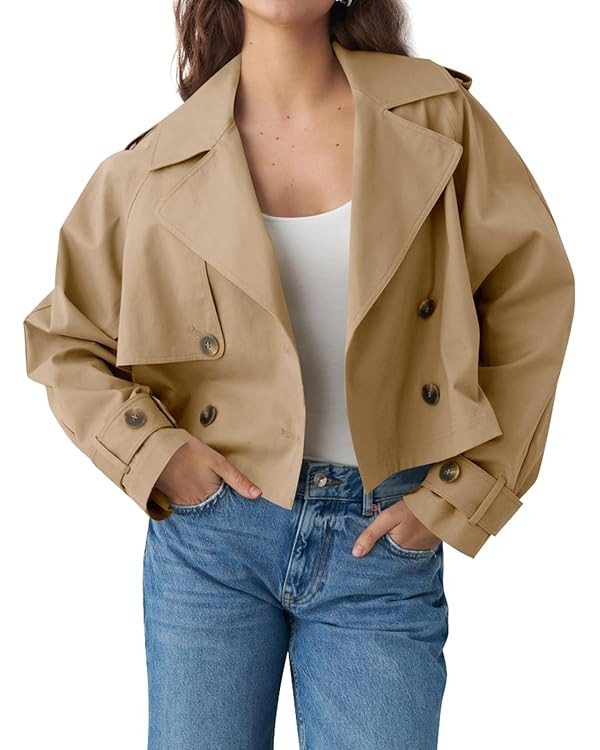 Tankaneo Womens Cropped Trench Coat Lapel Double Breasted Short Jacket Outwear | Amazon (US)