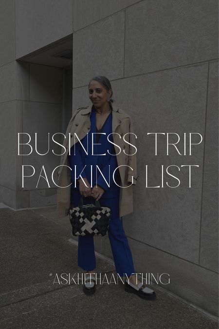 Here’s what I’d pack for a business trip for two weeks:

Non-black monochromatic outfits are really chic - think gray, navy, tan, or forest green. Pick two hues that can easily be mixed and matched to maximize your outfits (I’m partial to gray and navy).
Kick flare pants are on trend right now, but I’d also argue they’re timeless. These are a great pair that can be worn for work and wandering alike - dress them up for work with a crisp button down and blazer, and wear them with a drapey sweater and tennis shoes for wandering about. 
Veronica Beard’s dickey blazers are a splurge, but they’re made for a trip like these. Wear the blazer alone with your work pieces, and add a denim or cable knit dickey when you’re off duty. I would also bring a trench.
I swear by the 3 pairs of shoes per trip rule. For one like this, I would pack my trusty white tennis shoes, a comfortable pair of heels, and a pair of ankle boots. For bags, I would do a classic leather tote for work and this roomy crossbody bag for exploring (it comes with a small pouch that’s perfect for evenings out).

#LTKworkwear #LTKtravel #LTKmidsize