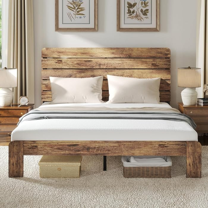 King Bed Frame with Wood Headboard & Footboard, Brown | Amazon (US)