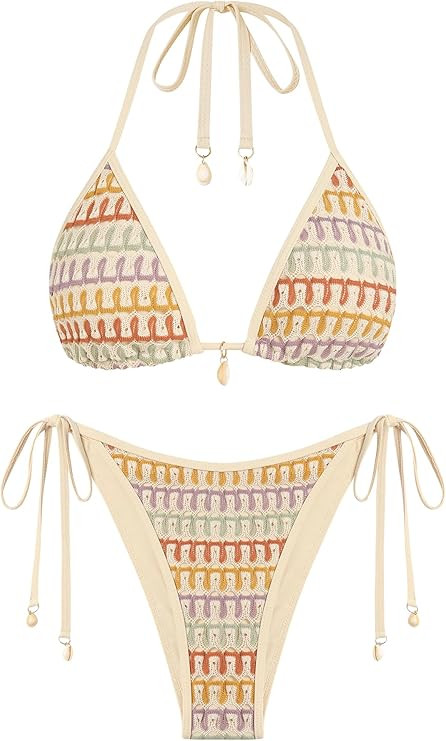 ZAFUL Women's Colorblock Stripes Triangle Halter Tied Cheeky Thong Bikini Set High Cut Two Piece ... | Amazon (US)