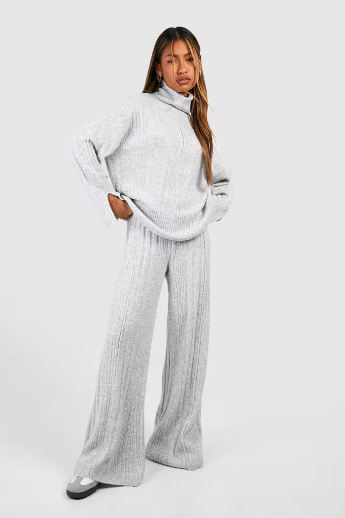 Soft Mixed Rib Knit Wide Leg Trousers | Boohoo.com (UK & IE)