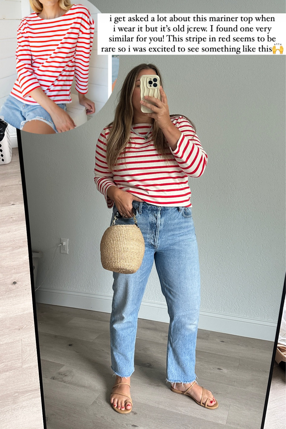 A cotton red stripe boat neck top in a relaxed fit. Size chart in listing once you click product image below.

I got a medium 