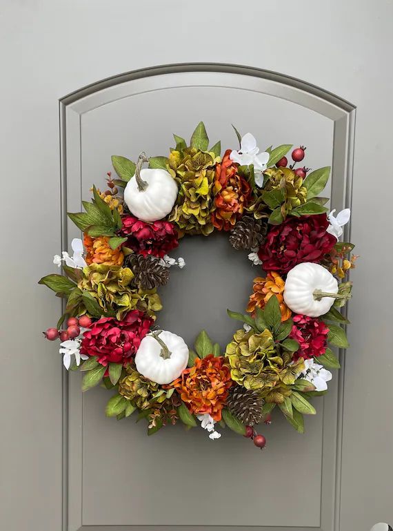 Fall Wreath With White Pumpkins Farmhouse Fall Door Wreaths - Etsy | Etsy (US)