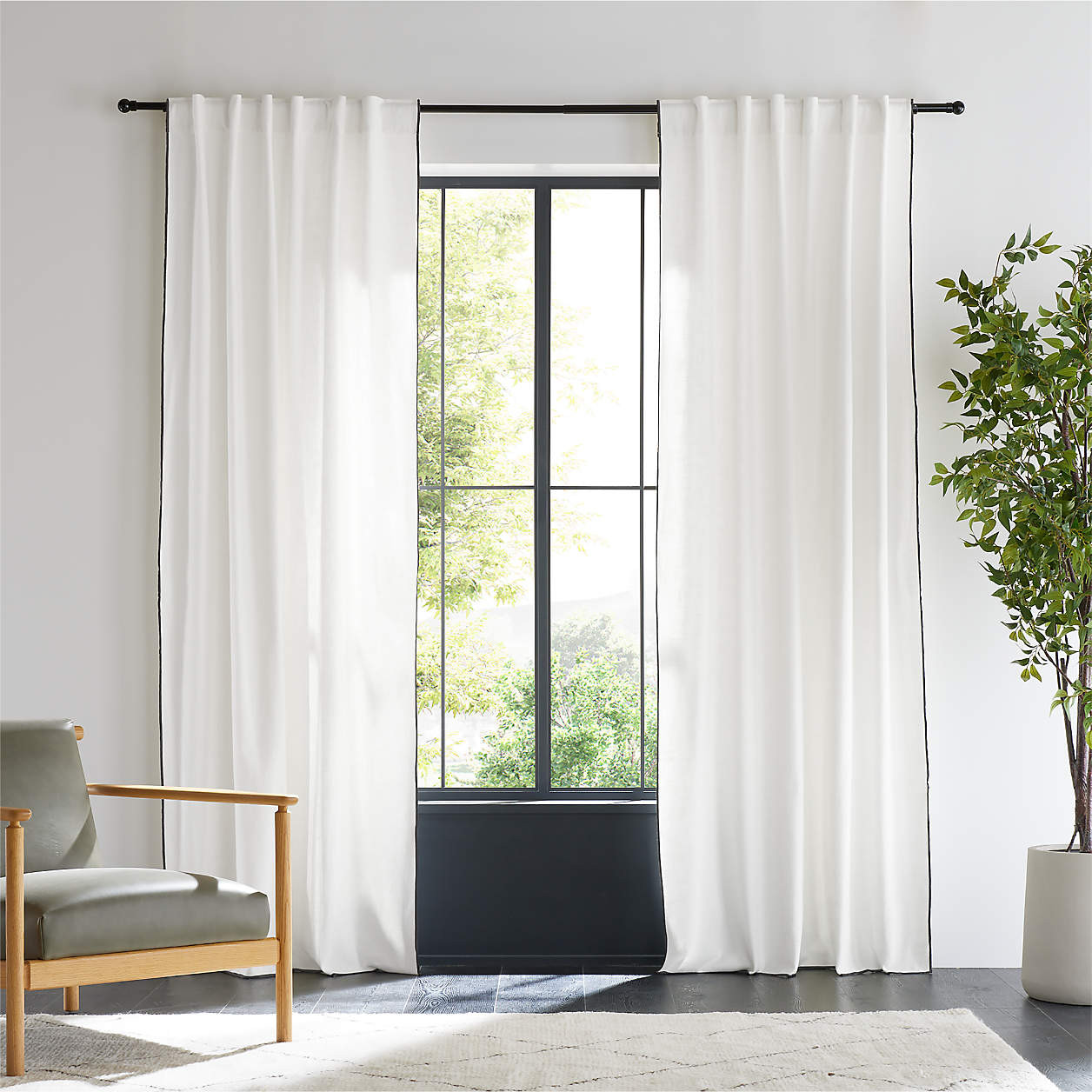 Merrow Stitch Organic Cotton Crisp White Curtain Panel 52"x96" + Reviews | Crate & Barrel | Crate & Barrel