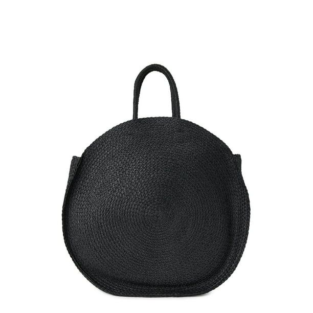 Time and Tru Women’s Circle Straw Tote Bag Oversized Black - Walmart.com | Walmart (US)