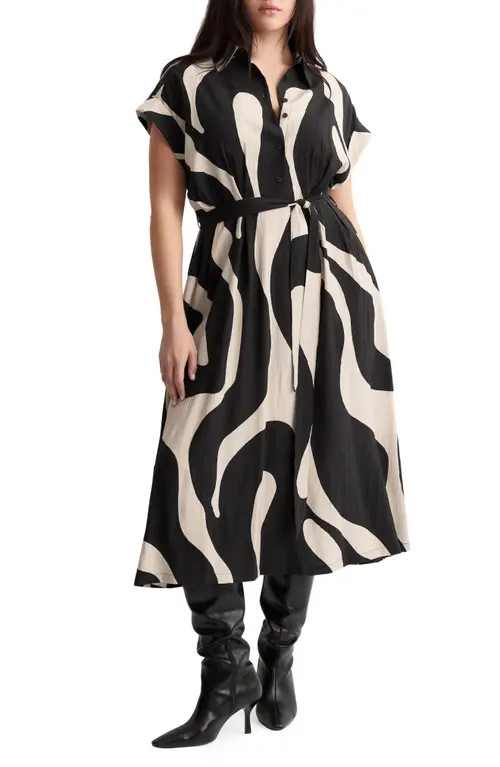 MANGO Abstract Print Belted Shirtdress in Black at Nordstrom, Size 10 | Nordstrom