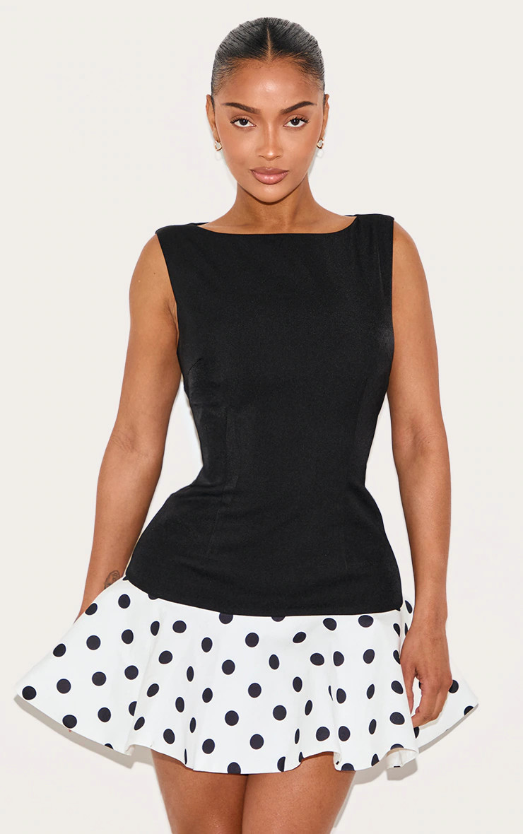 Shape Black Polkadot Boat Neck Wave Hem Mini Dress | PrettyLittleThing US