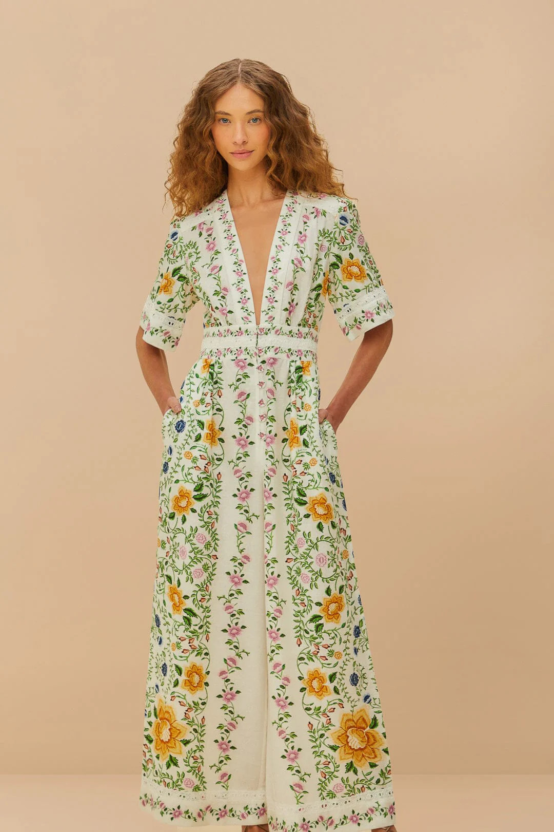 Off-White Folk Floral LENZING™ ECOVERO™ Euroflax™ Jumpsuit | FarmRio (US)