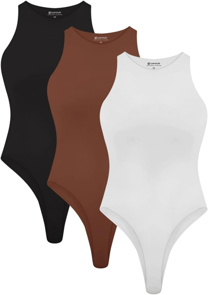Cyanstyle Womens 3 Piece Bodysuits Sexy Sleeveless Racer Back High Neck Double Lined Bodysuit Tan... | Amazon (US)