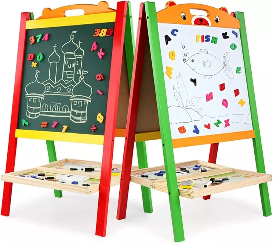 Double Sided Wooden Art Easel for Kids Standing Magnetic Whiteboard  Chalkboard Small Toddler Toys. Includes Wooden ABC Numbers. Eco Friendly