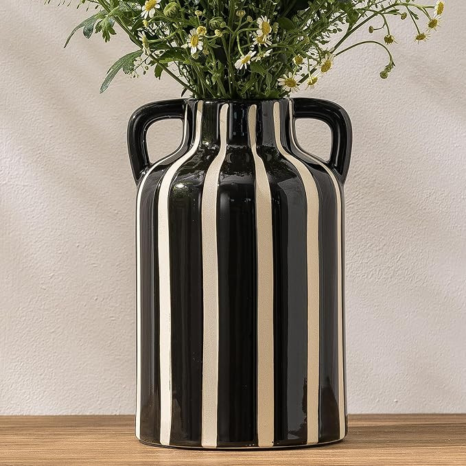Black Ceramic Vase with Handles, Modern Farmhouse Striped Decorative Vase, 9.1" Art Deco Tall Flo... | Amazon (US)
