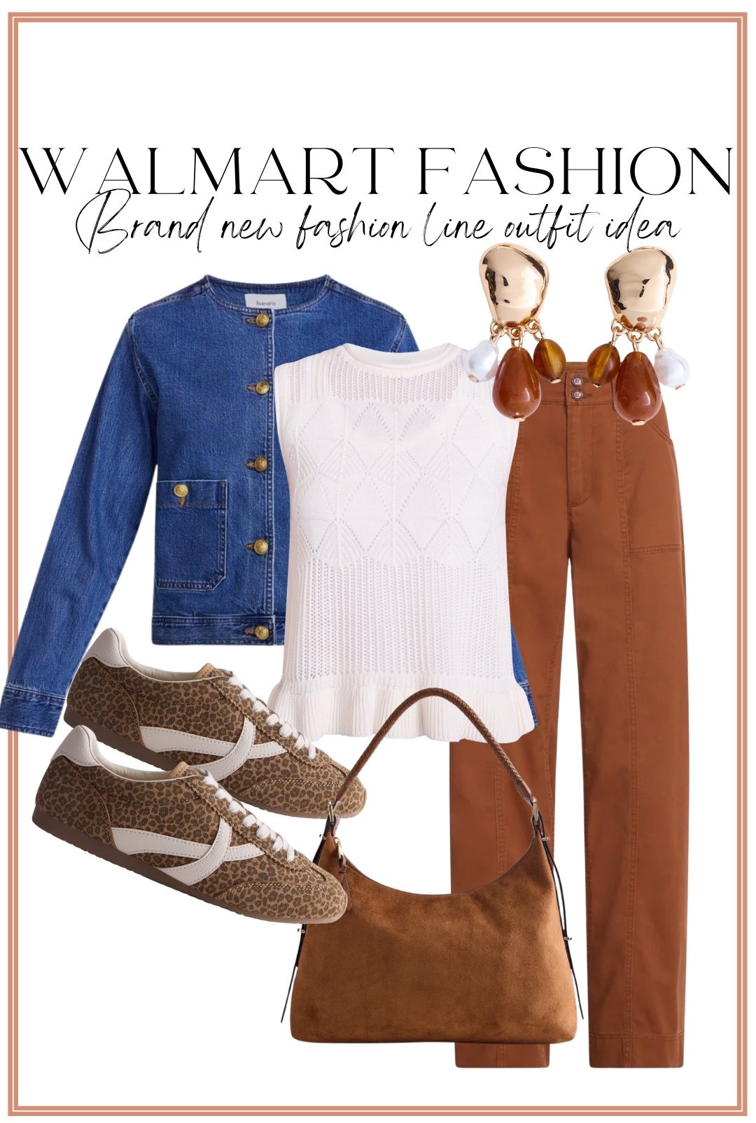Okay Walmart!! 🤎 These brand new fashion arrivals make the CUTEST outfit together! I love the rich brown pants paired with this white sweater tank and denim jacket — then the leopard sneakers, suede bag + statement earrings pull everything together. Such a good mix of classic pieces with fun details, and an easy outfit to wear now and straight into cooler weather!

#WalmartFashion #WalmartFinds #WalmartNewArrivals #WalmartStyle #WalmartOutfit #AffordableFashion #LeopardSneakers #DenimJacket #BrownPants #CasualOutfit #OutfitInspo #WalmartFashionFinds

#LTKootd #LTKPetite