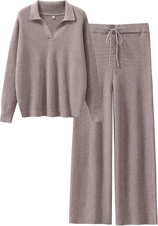 ANRABESS Women Two Piece Outfits Sweater Sets Lounge Waffle Knit Pullover Matching Wide Leg Pants... | Amazon (US)