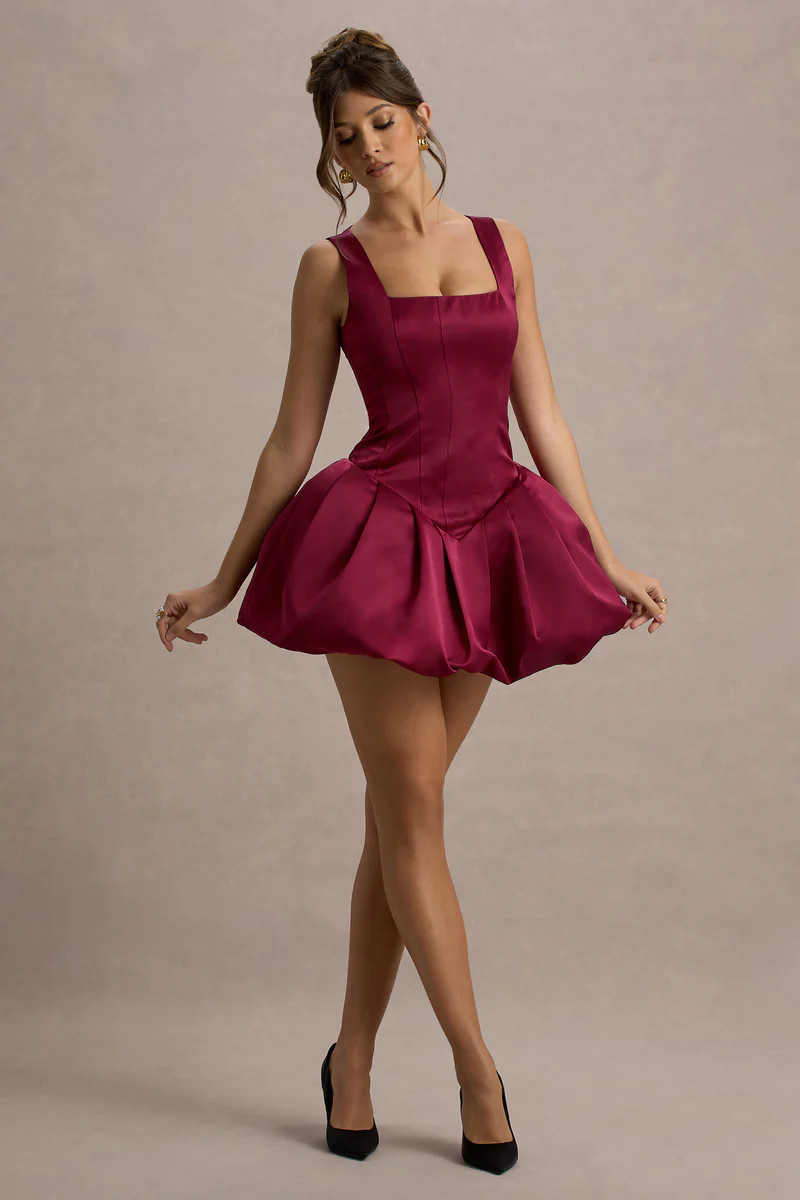Bramble  Port Satin Square-Neck Puffball Mini Dress | Club L London