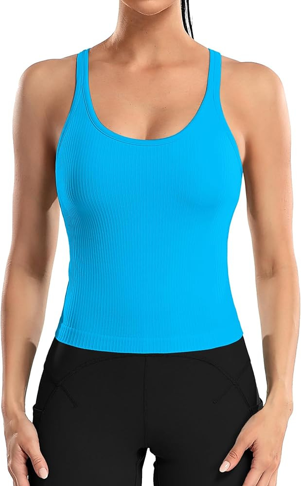 ATTRACO Women Ribbed Workout Crop Tops with Built in Bra Yoga Racerback Tank Top Tight Fit | Amazon (US)