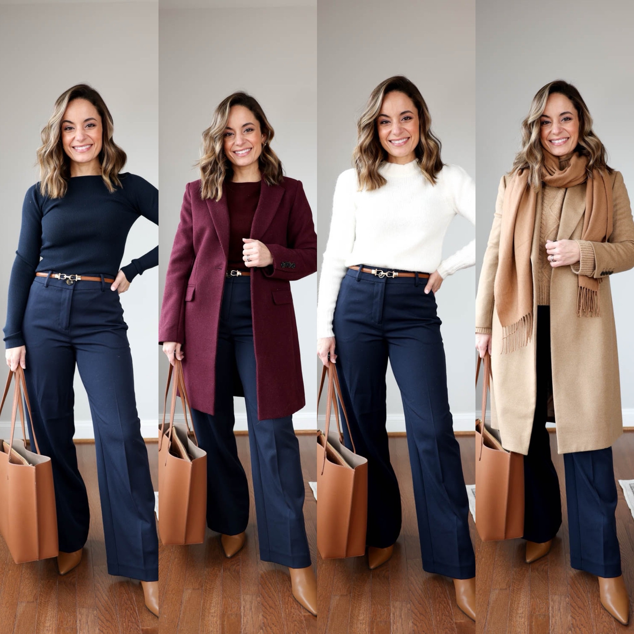 Outfits for work with navy pants! 

Pants (Ann Taylor): petite 00, tts, light stretch. 28.5” inseam in petite 
Navy top (Aritzia): xs (also linked a similar navy sweater)
White coat (BR Factory): petite xxs 
Burgundy sweater (Quince): xs 
Burgundy coat (Ann Taylor): petite 00 
White sweater (J.Crew Factory): xxs 
Camel sweater (J.Crew): xxs 
Camel coat (J.Crew): petite 00 (coat linked is not exact, my coat is from a couple of years ago). 
Boots (J.Crew): tts - currently sold out in the exact color I’m wearing 

My measurements for reference: 4’10” 105lbs bust, waist, hips 32”, 24”, 35” size 5 shoe. 25” inseam measurement to my ankle bone. 

#LTKWorkwear