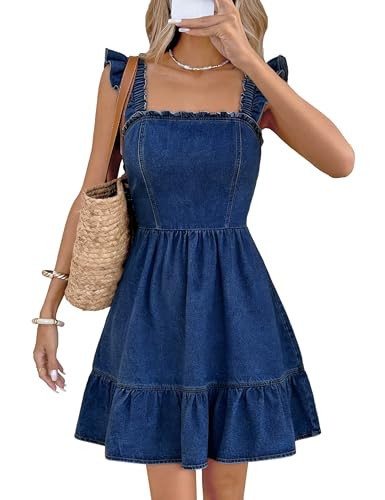 BISUAL Denim Dress for Women Square Neck Ruffle Straps Tiered Flounce Hem Babydoll Jean Dress 2026 Trendy Dark Blue | Amazon (US)