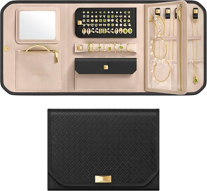 SONGMICS HOME Travel Jewelry Case, Foldable Jewelry Organizer with Mirror, Sectioned Storage, Lar... | Amazon (US)